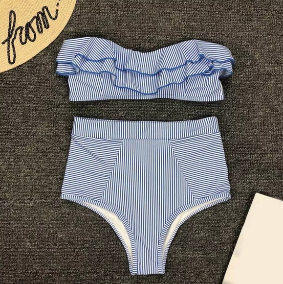 HIGH WAISTED STRIPED RUFFLE BANDEAU BIKINI Set - Picture 4 of 6